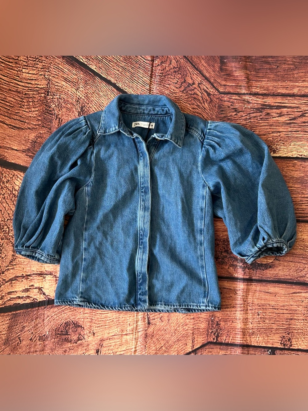 Zara ZW Collection Puff Sleeve Denim Blouse Blue Small S NWT New With Tags